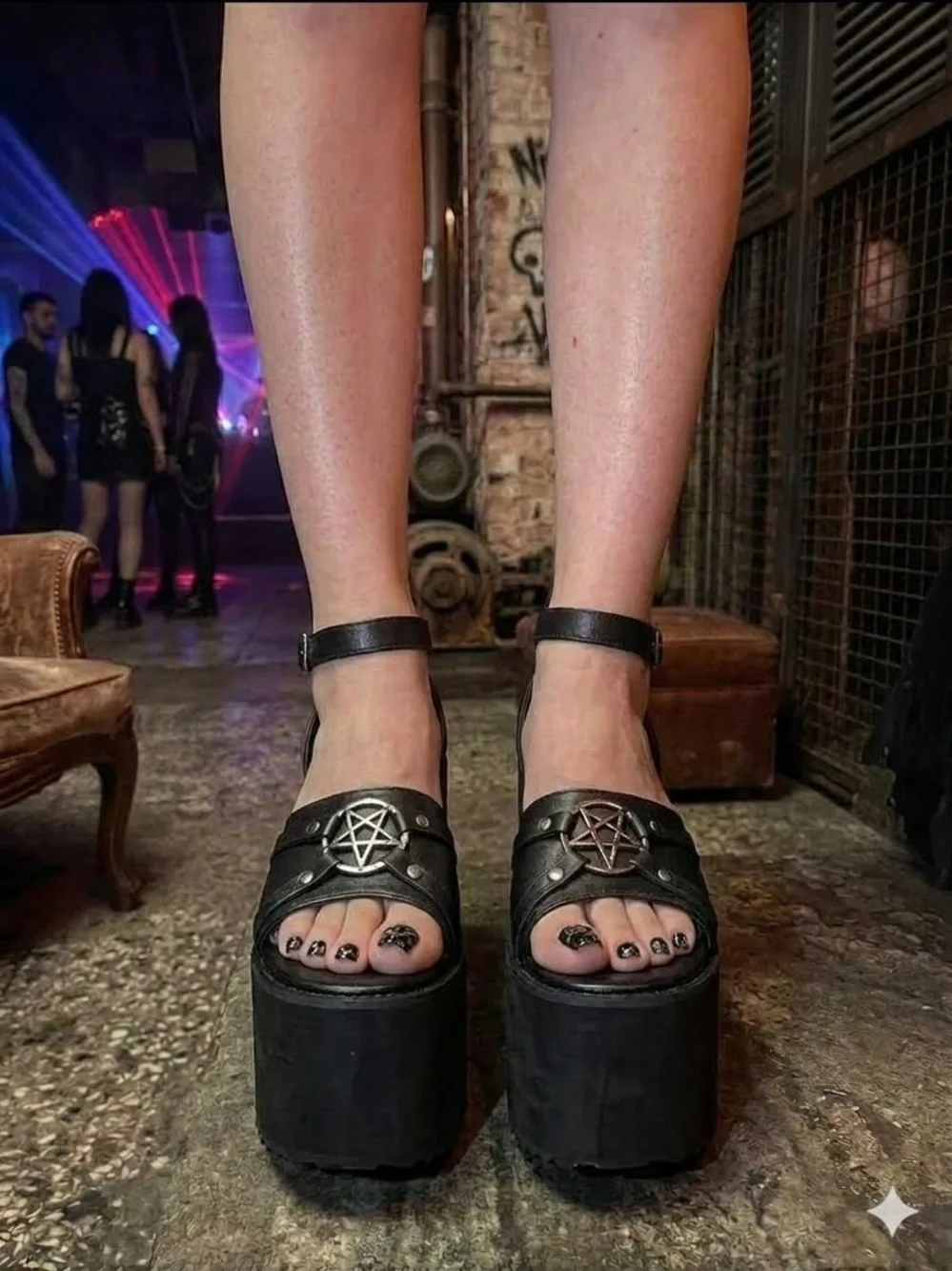 Chunky Black Platform Ankle-Strap Sandals with Pentagram Accent